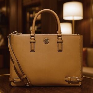 NEW Tory Burch Robinson Tigers Eye Tan/Brown Saffiano Leather Multi Tote Bag
